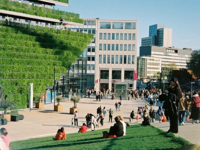 a group of people outside a building
